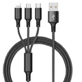 Braided 3-in-1 universal USB data cable in multiple colours, showing iPhone, Android, and Type-C connectors.