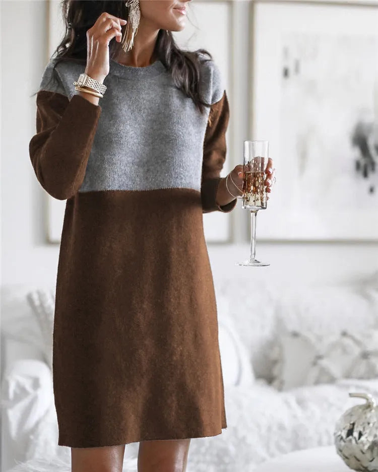 Brown women's sweater dress with patchwork skirt and long sleeves in retro style