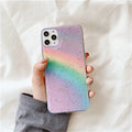 Rainbow gradient TPU iPhone case with colourful stripes on back, showing Japanese and Korean style design