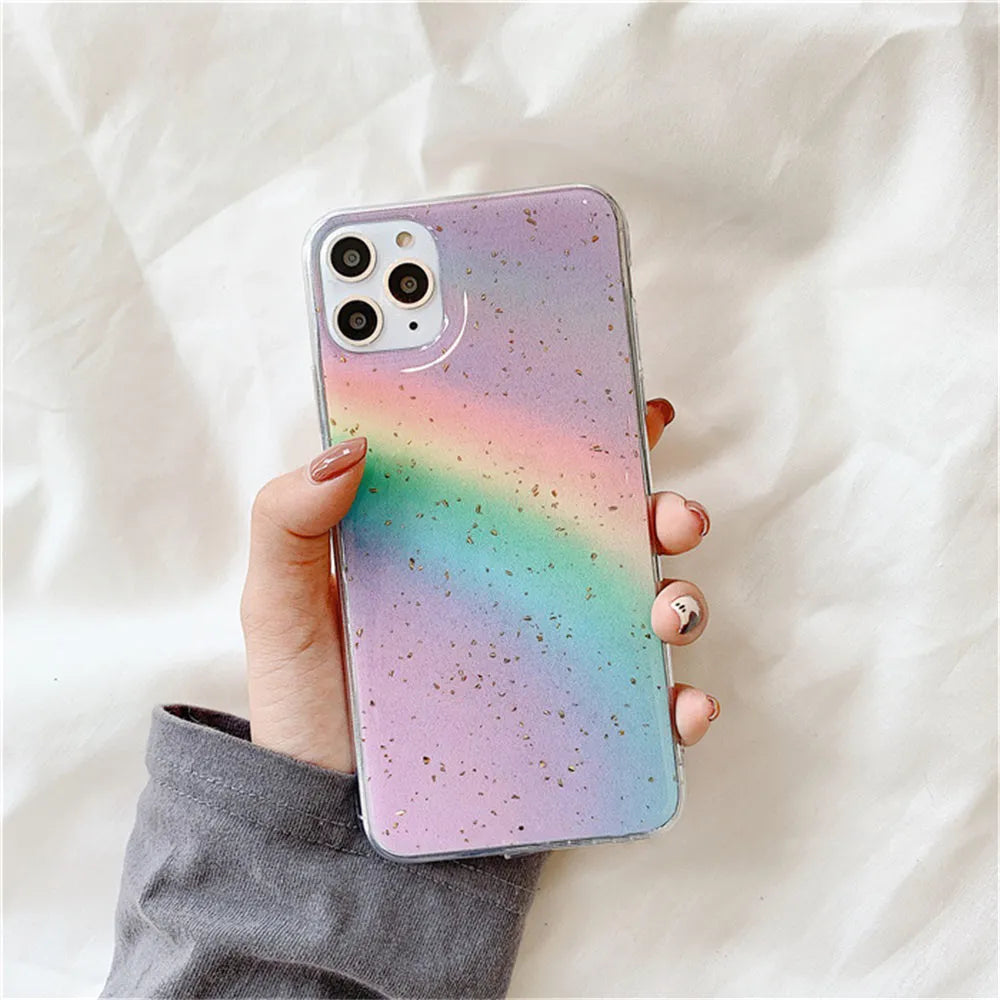 Rainbow gradient TPU iPhone case with colourful stripes on back, showing Japanese and Korean style design