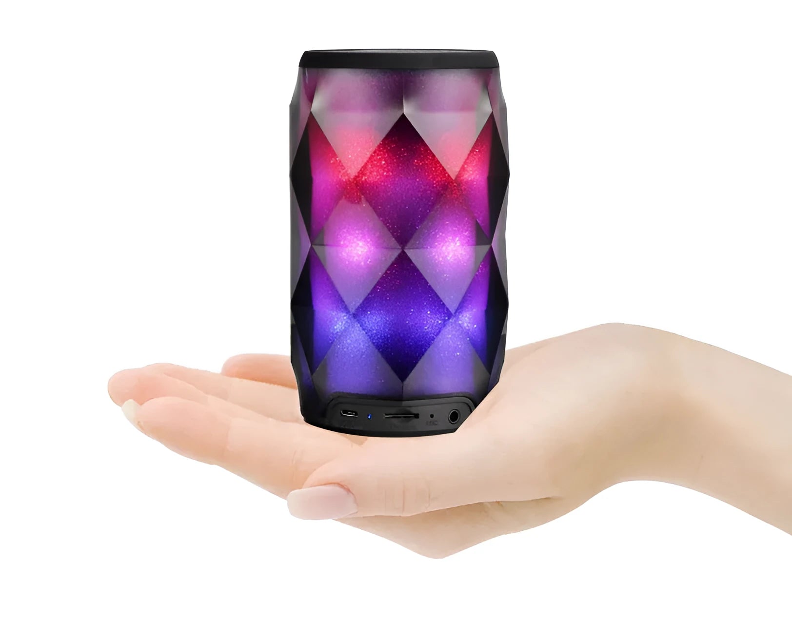 Black crystal diamond-cut Coke can shaped lantern and Bluetooth speaker with colourful LED lights.