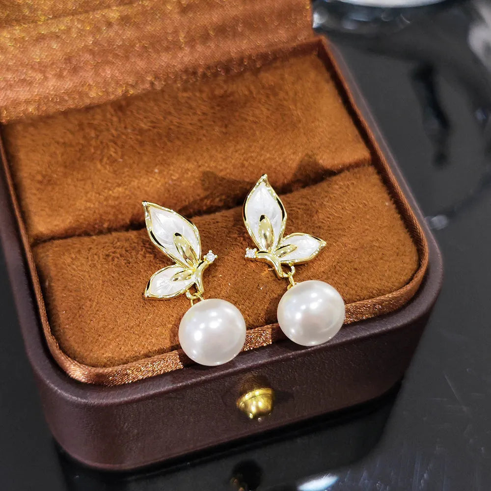 Gold tone butterfly earrings with zircon painting on copper for women