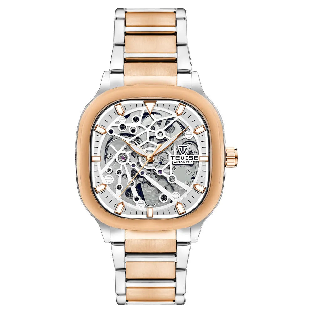 Men's automatic waterproof watch with luminous square hollow dial and stainless steel strap