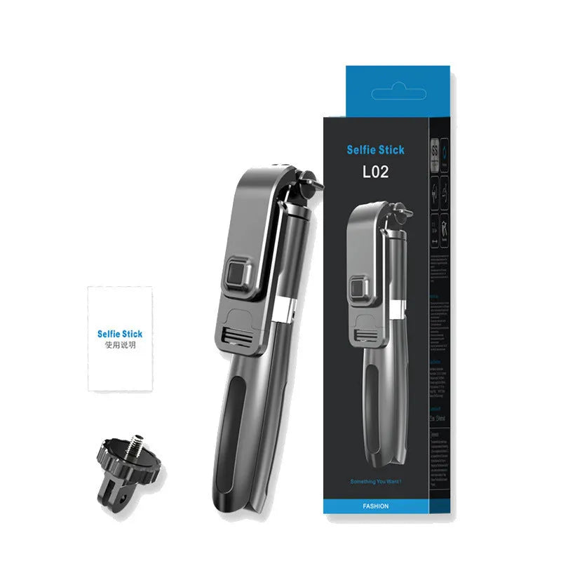 Black stainless steel Bluetooth selfie stick tripod extended with phone attached, showing wireless remote.