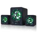 Green U-2600 USB 2.1 mini computer speaker with colourful glowing lights on a desk.