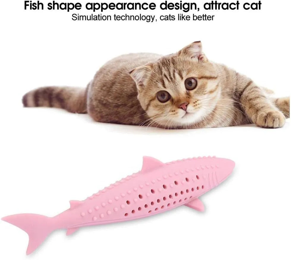 Green silicone fish-shaped cat chew toy with removable parts for catnip, shown on a white background.