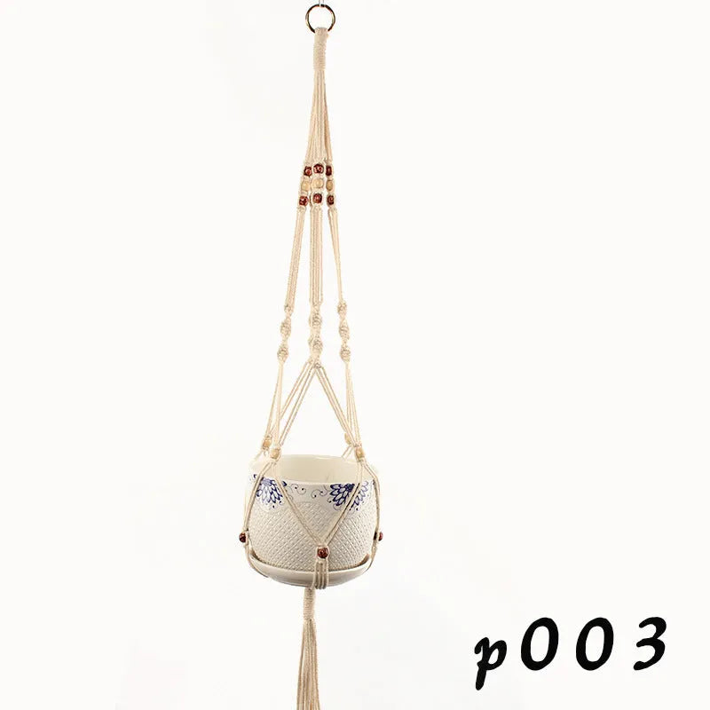 Cotton rope woven wire plant basket shown in desktop, wall hanging, and hanging basin styles.