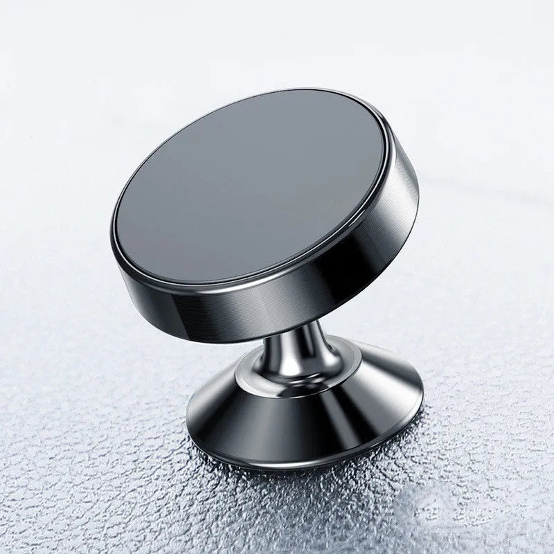 Aluminium alloy magnetic car phone holder in black, showing CD-textured finish and magnetic mount.