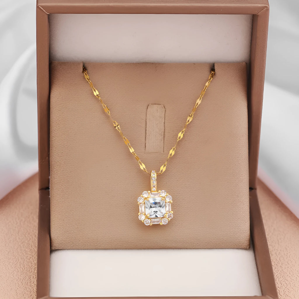 Women's gold titanium steel necklace with quadrilateral gem-inlaid pendant on water wave chain