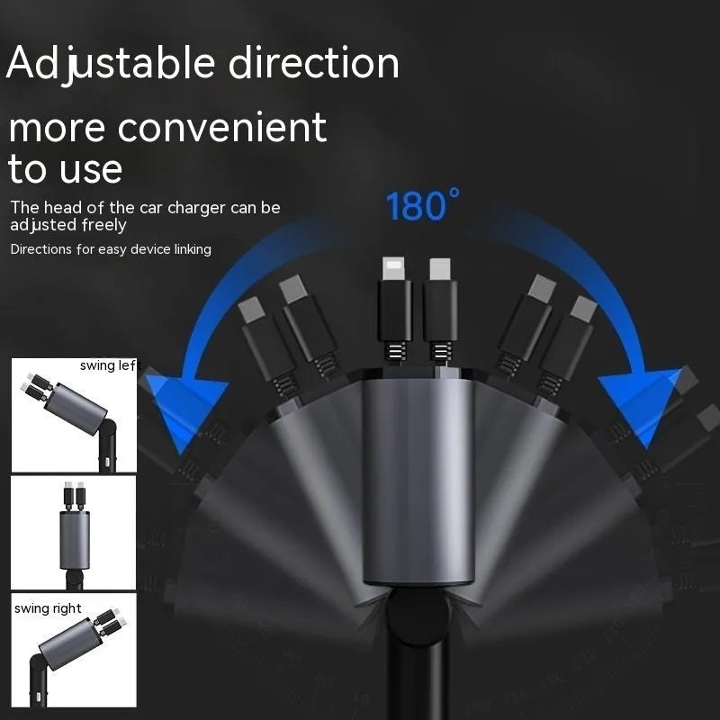Retractable car charger with four-port USB adapter extending from vehicle cigarette lighter socket