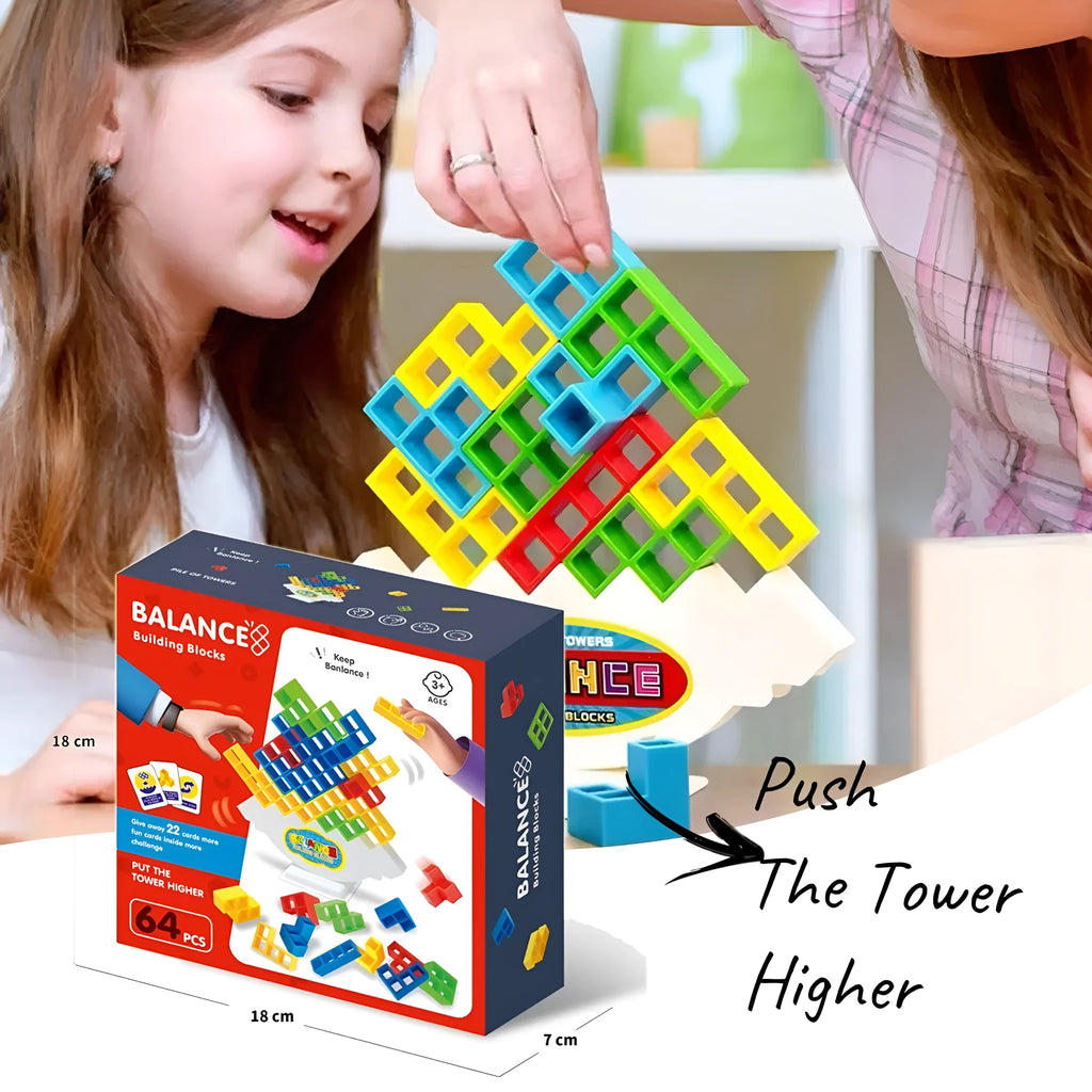 Plastic balance stacking game with 16 coloured building blocks on chassis