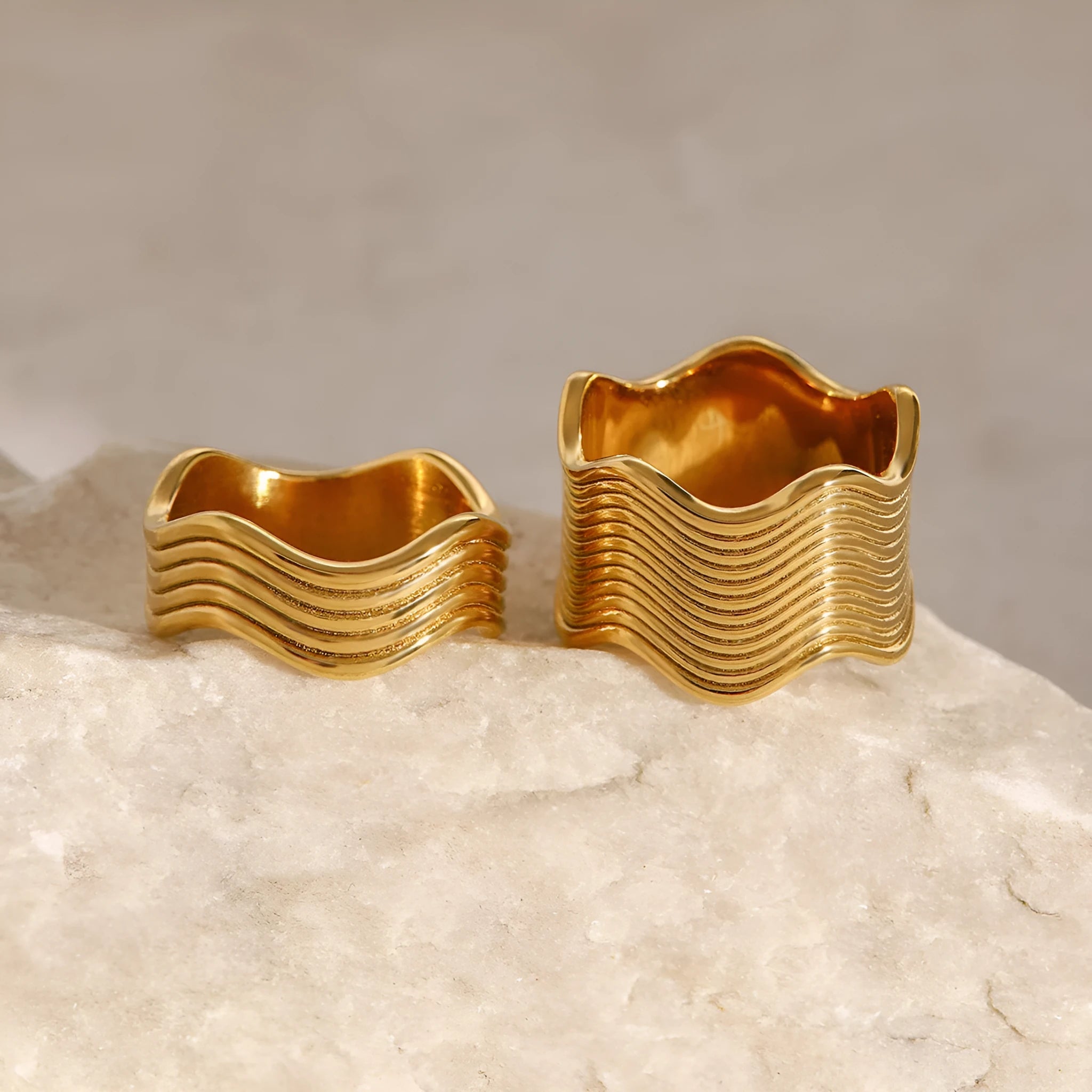Geometric wave pattern stainless steel ring for women with wide surface design