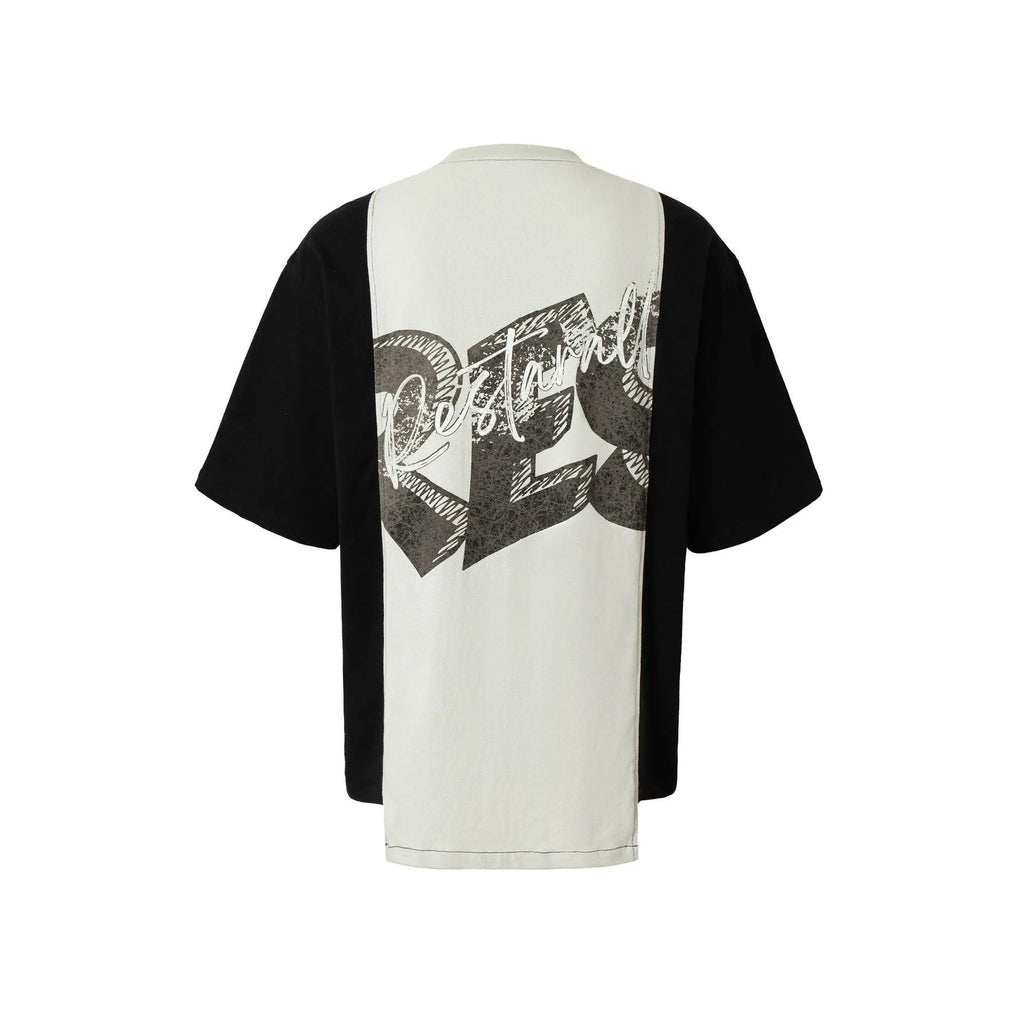 Black and white broken collage print cotton blend T-shirt with loose fit and short sleeves