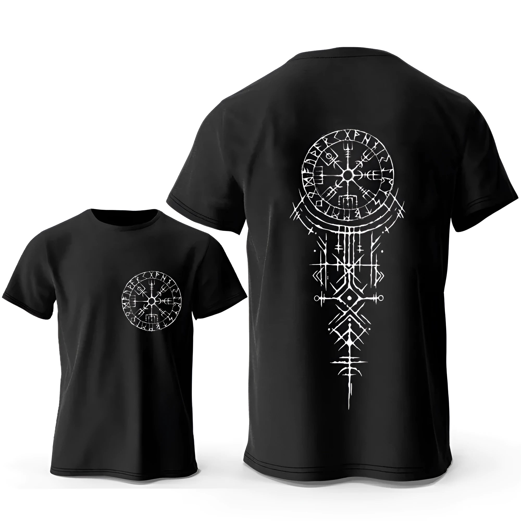 Men's grey Viking rune compass graphic printed on the front of a pure cotton T-shirt.