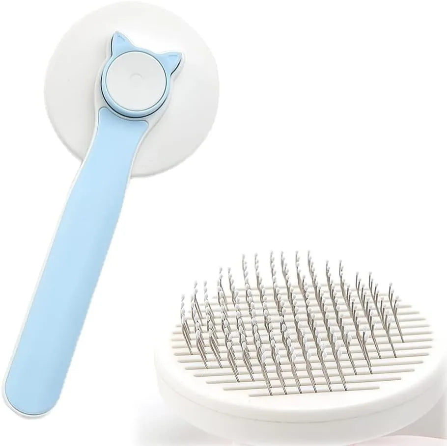 Blue self-cleaning cat and dog grooming brush with rubber handle on a white background.