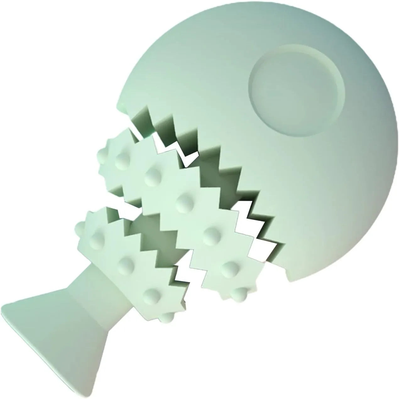 Blue fish bone shaped dog chew toy with a visible treat hole on a white background.