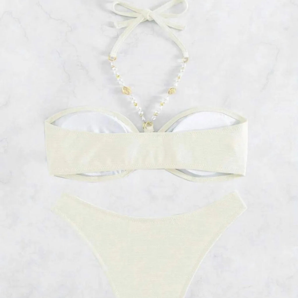 Women's halter beach bikini set in solid colour with brief style for swimming