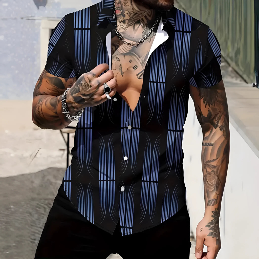 Men's geometric line lapel printing short sleeve shirt in slim fit summer styling