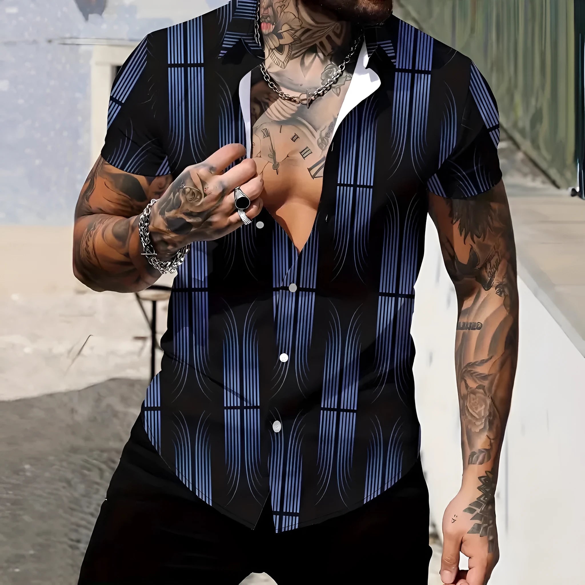 Men's geometric line lapel printing short sleeve shirt in slim fit summer styling
