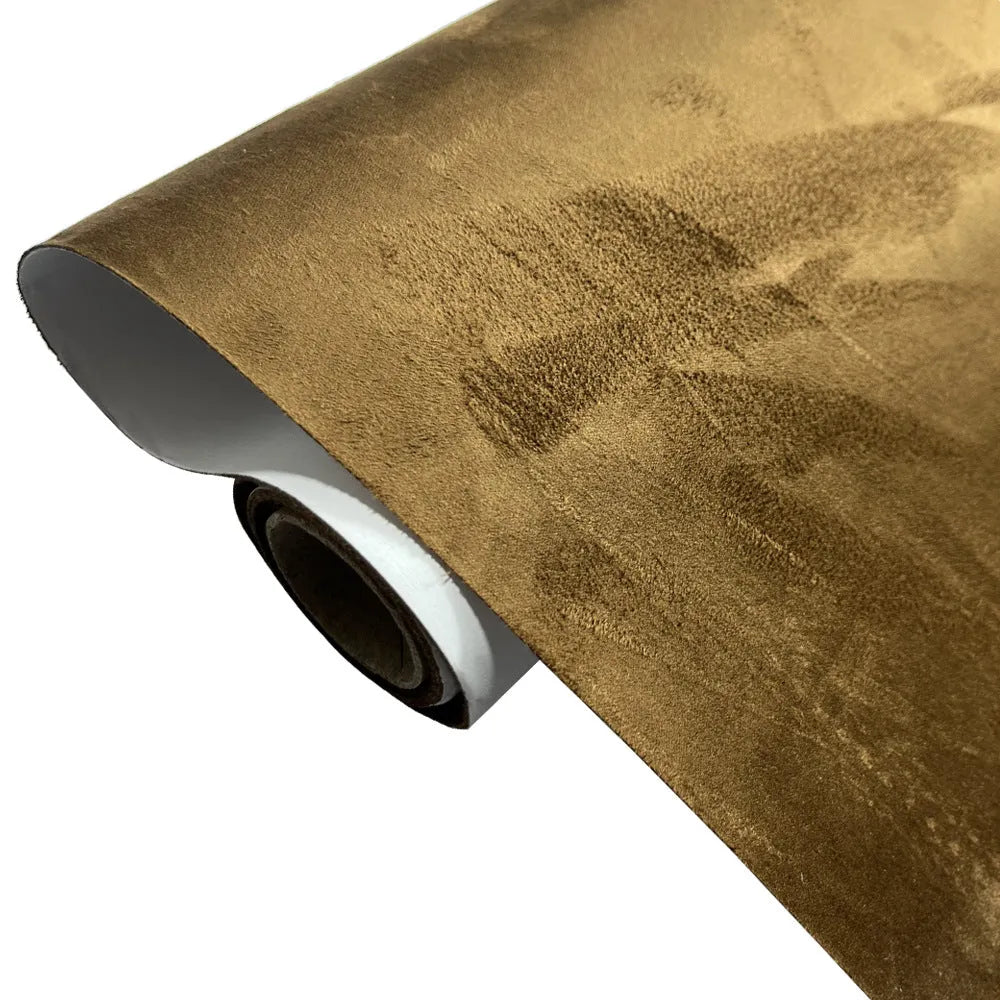 Self-adhesive leather suede fabric sheet in multiple colour swatches showing BMW Brown, Black, and Red.