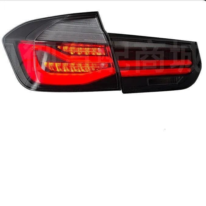 BMW 3 Series F30 tail light assembly with LED streamer running light in red or smoked black finish for 2012-2015 models