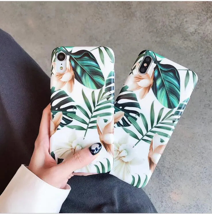 Soft TPU phone case with detailed banana leaf and floral art design for iPhone, shown in flower leaves colour.