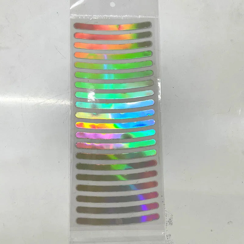 Pack of 20 arc-shaped PVC reflective stickers for car wheel hubs in assorted high-visibility colours.