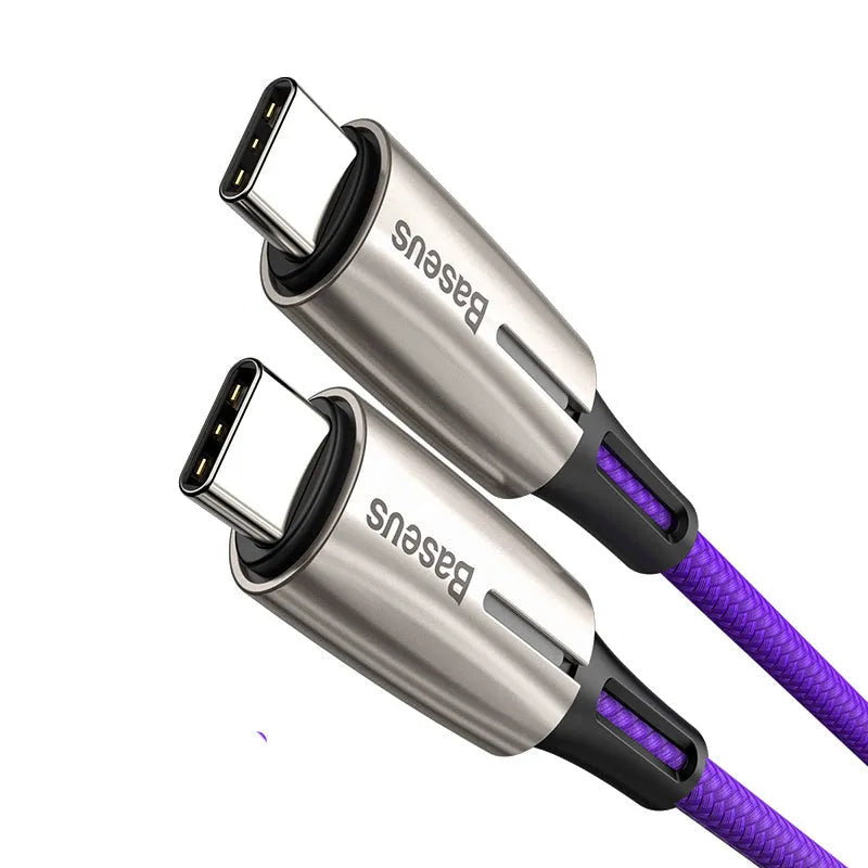 Purple USB-C to USB-C cable with symmetrical connectors showing 1 metre length