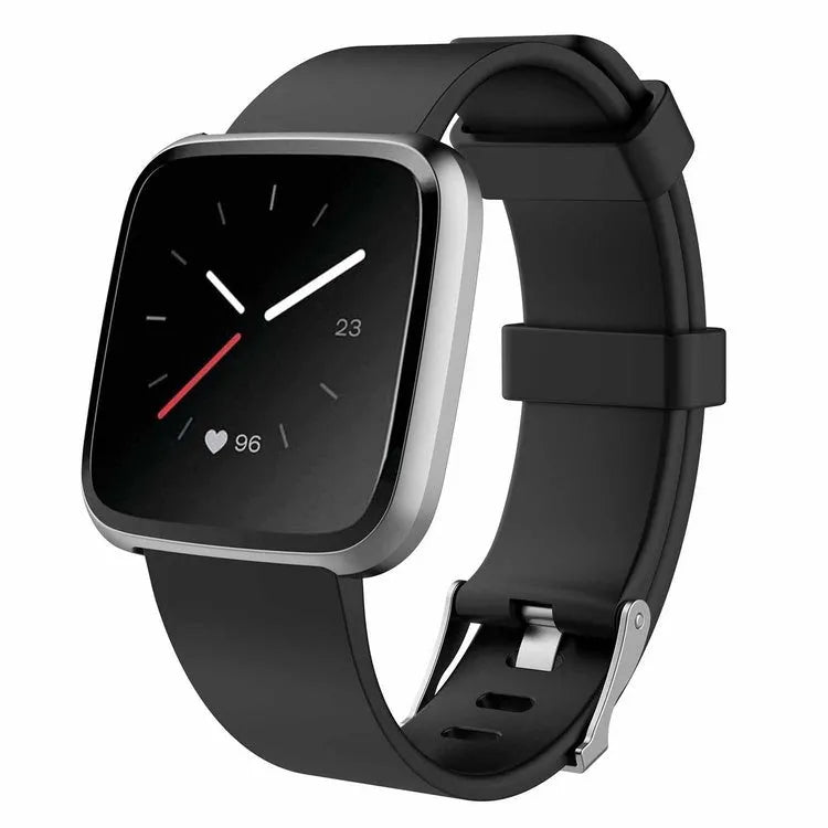 Fitbit Versa Lite replacement wrist strap showing colour options including black, blue, purple, red, and yellow