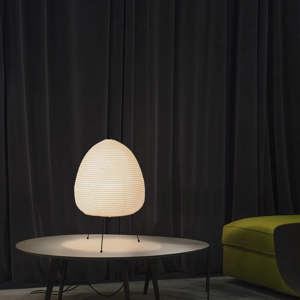 Japanese style rice paper table lamp with handmade shade on aluminium base showing three-tone dimming button