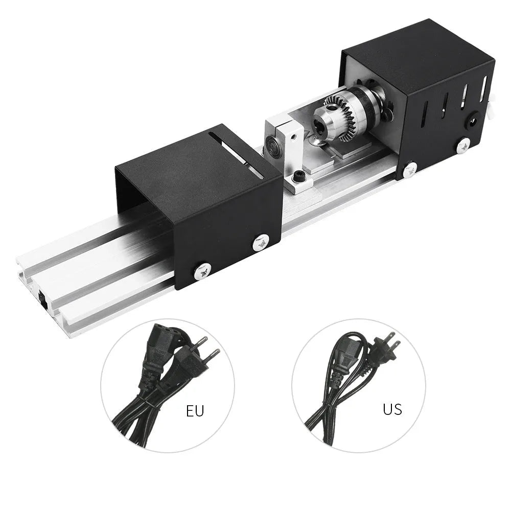 Compact metal manual woodworking lathe on workbench with carving knives