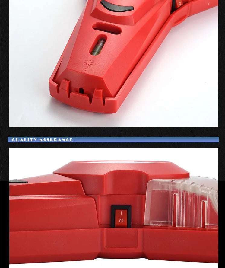 Red laser level tool with punching function for woodworking alignment and marking.