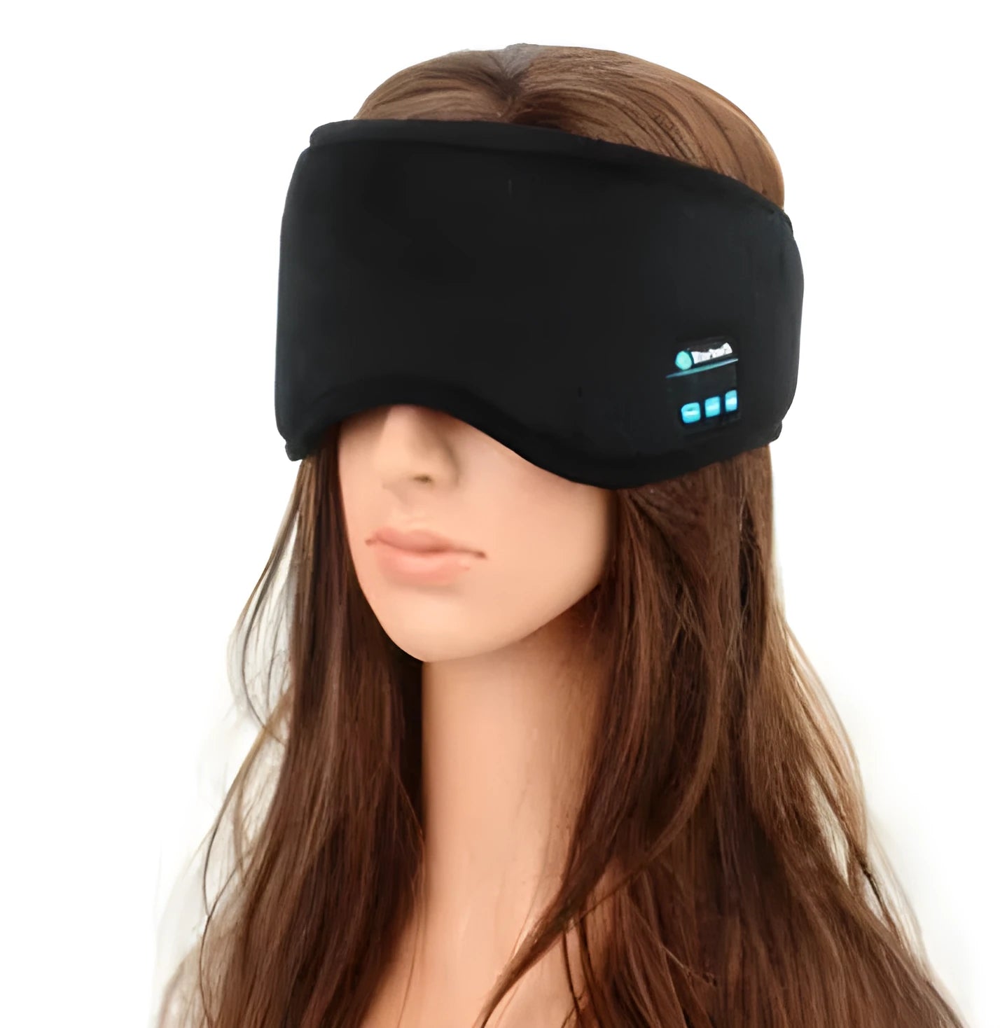 Black Bluetooth sleep eye mask with small integrated wireless earphones, shown in a relaxed position on a pillow.