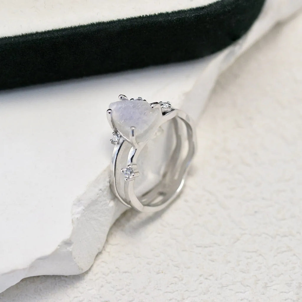 S925 sterling silver irregular triangle ring with moonstone in rose, white, or yellow gold finish.