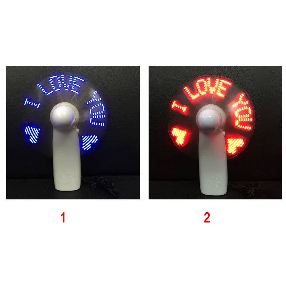 White handheld mini fan with LED I love you pattern in blue and red colours