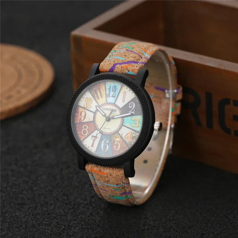 Women's vintage leather quartz watch with 37mm round dial and stainless steel buckle