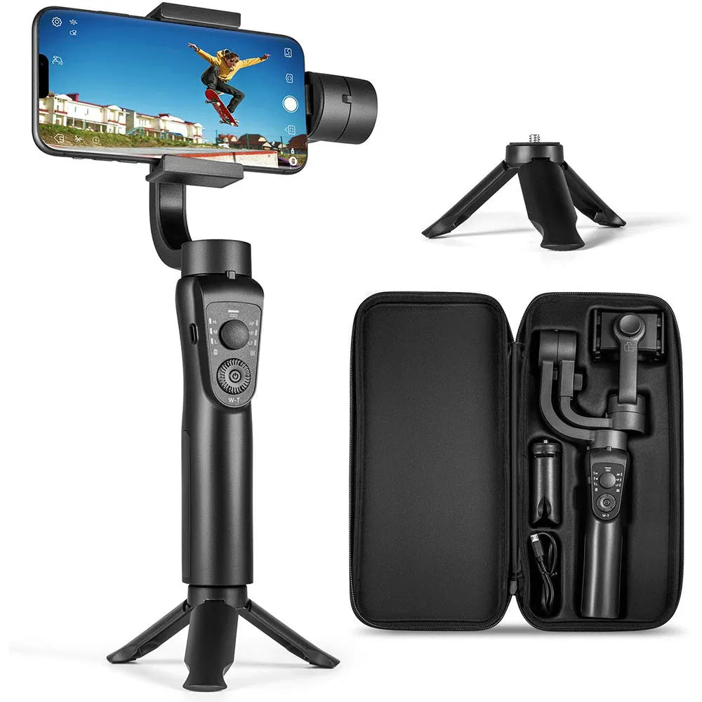 Black three-axis handheld gimbal stabilizer for mobile phones showing PTZ mechanism and handle
