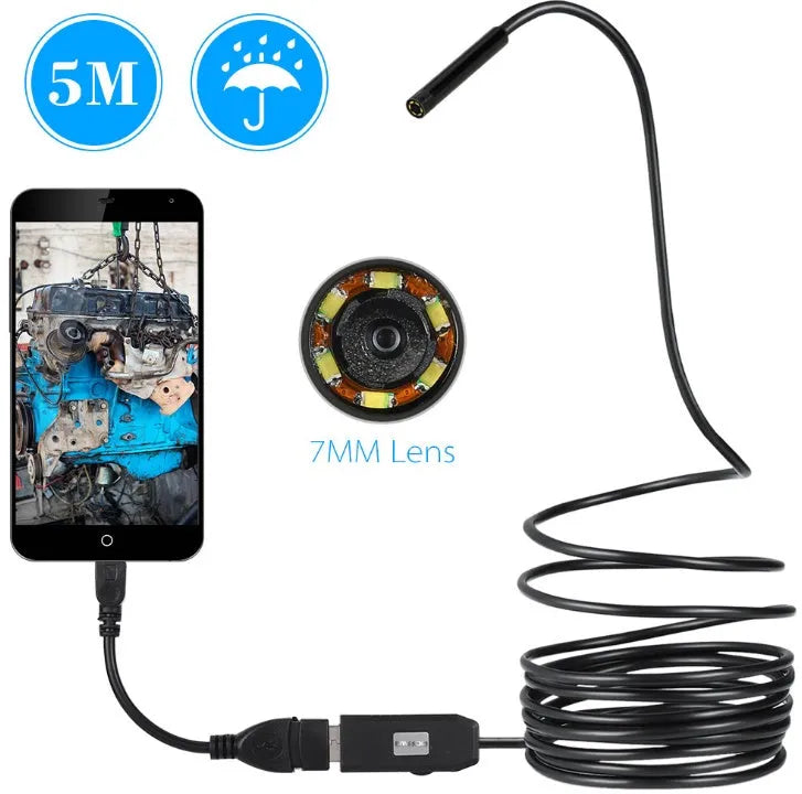 OWSOO USB endoscope camera with 5m cable, magnetic tip, hook, and side mirror for phone and PC inspection.