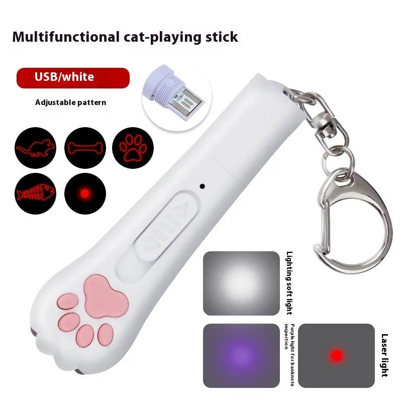 Infrared cat teasing stick toy with moon light lamp and laser patterns in blue, pink, purple, and white colour options