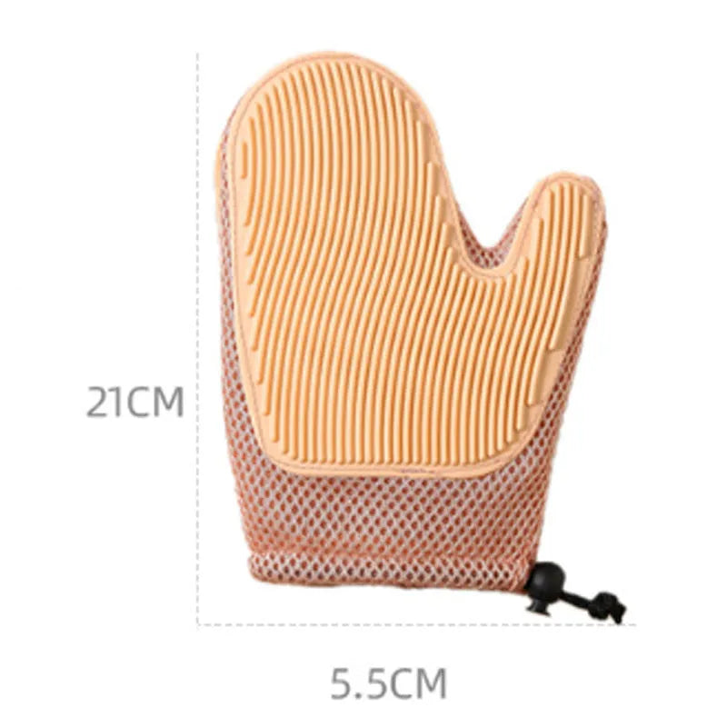 A right-handed pet grooming glove in dark blue, light green or yellow, made from mesh and TPR material.