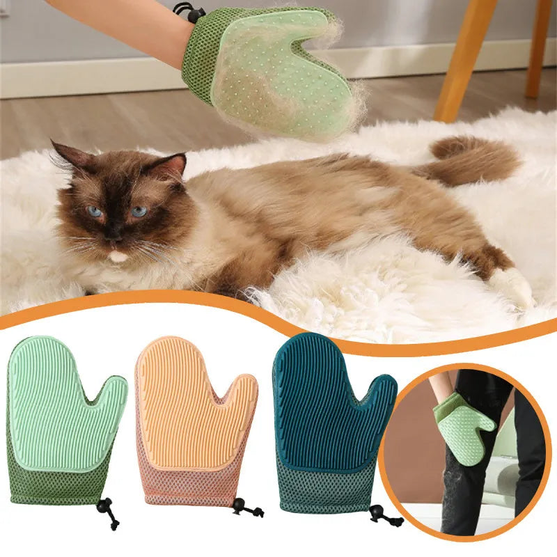 A right-handed pet grooming glove in dark blue, light green or yellow, made from mesh and TPR material.
