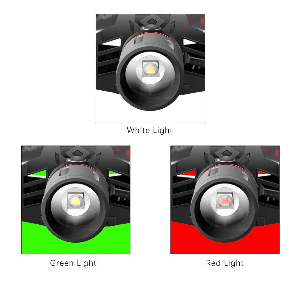 T6 LED headlamp showing white red green light modes with zoomable lens and USB charger