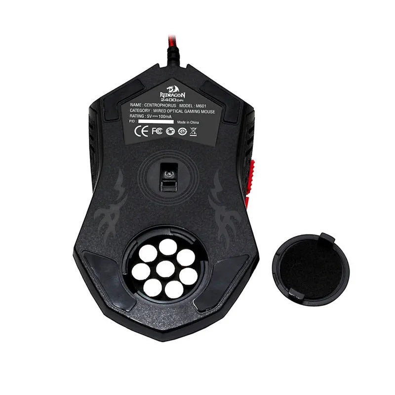Black and red wired USB optical gaming mouse with six buttons on a desk.
