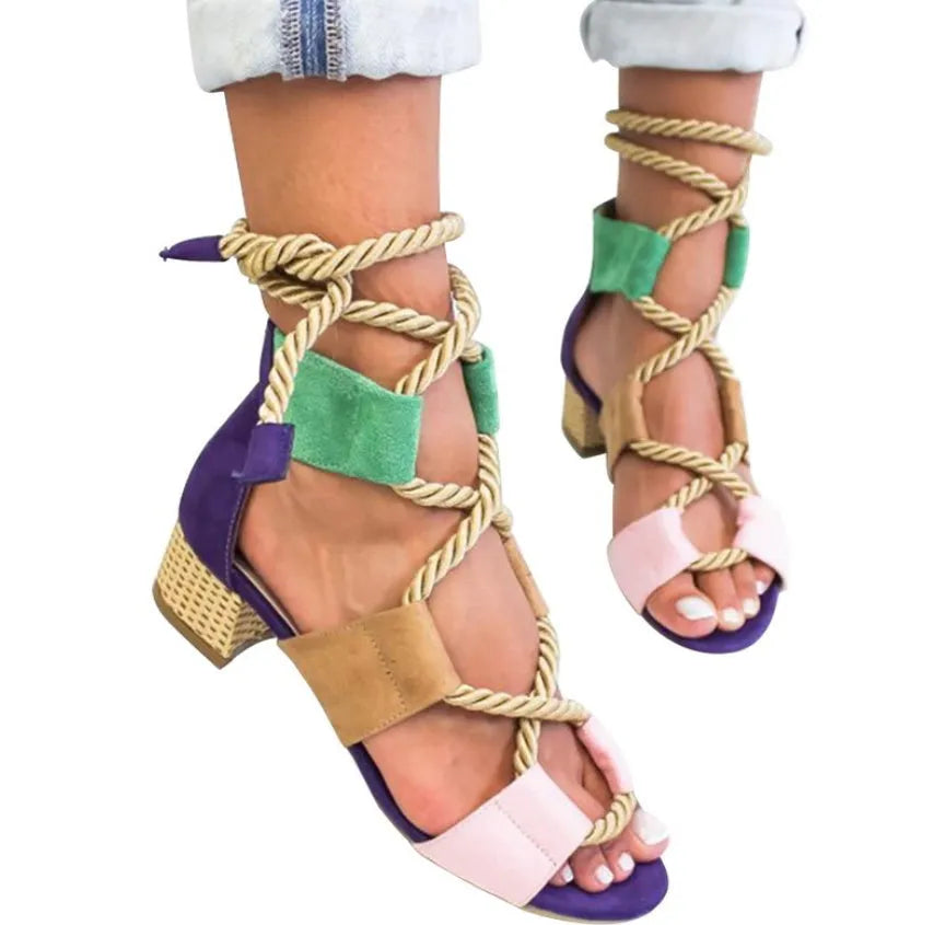 Women's suede sandals with thick middle heel and front strap design in various colours