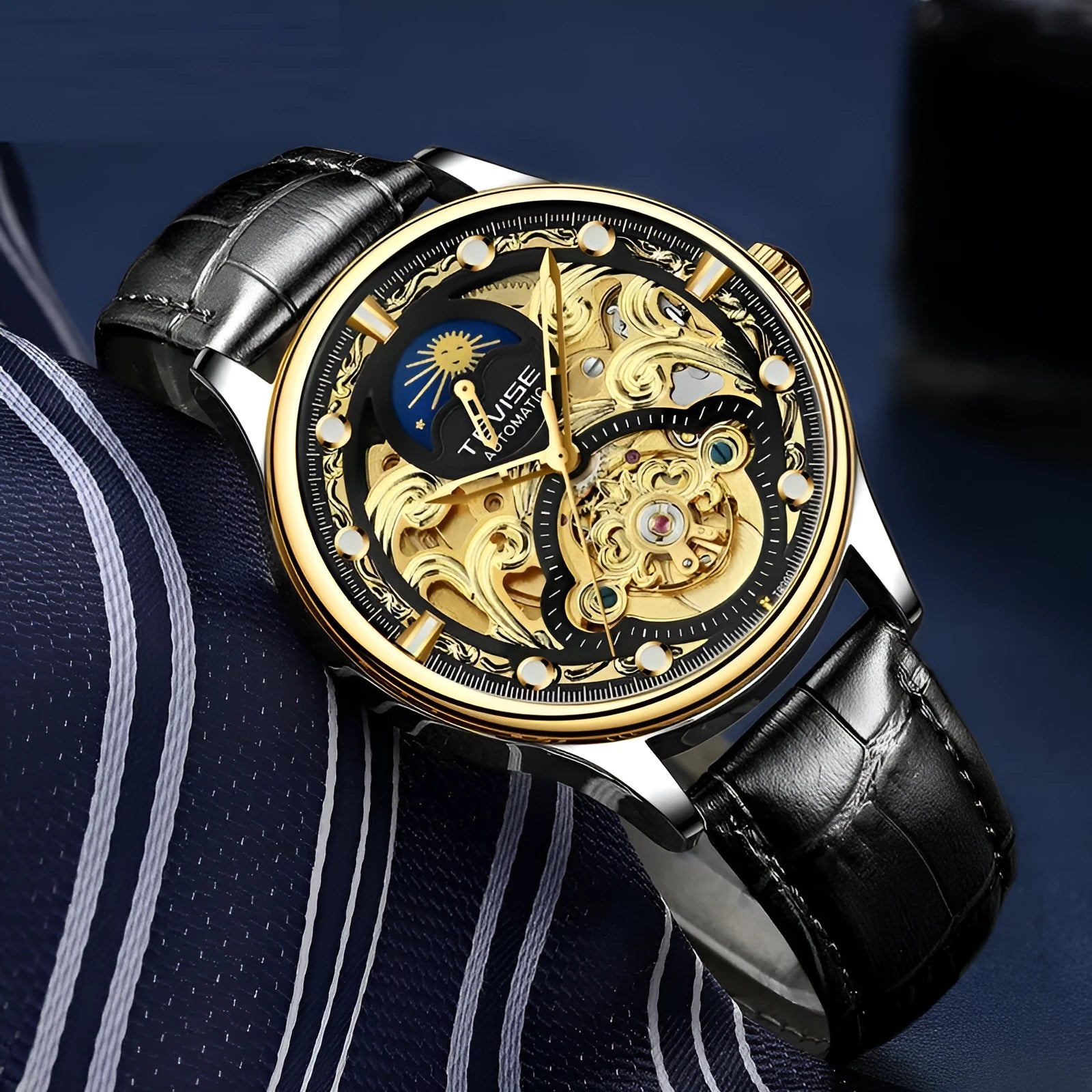 Gold leather strap automatic mechanical watch for men on wrist