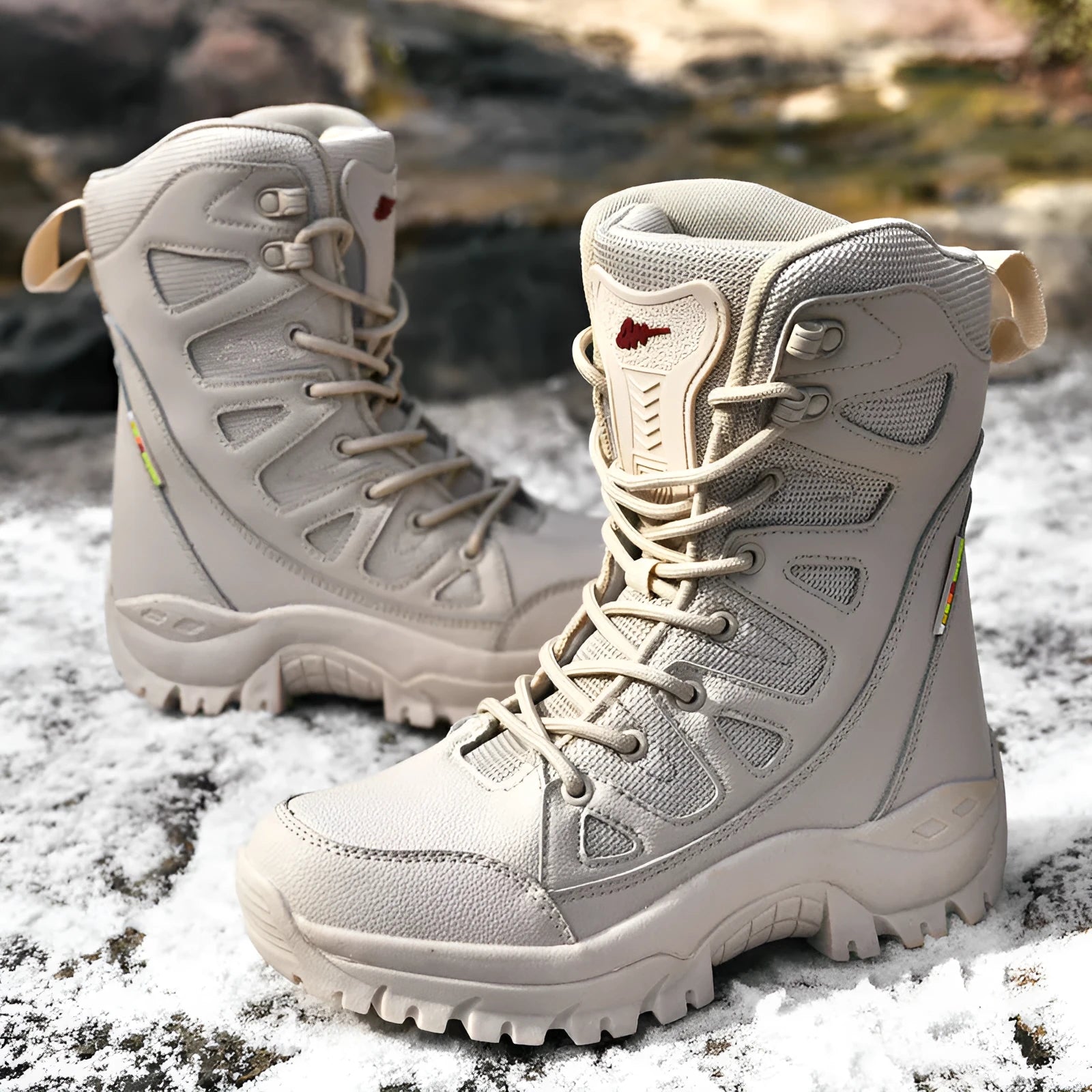 Cowhide leather hi-top hiking shoes for outdoor activities in black brown beige colours