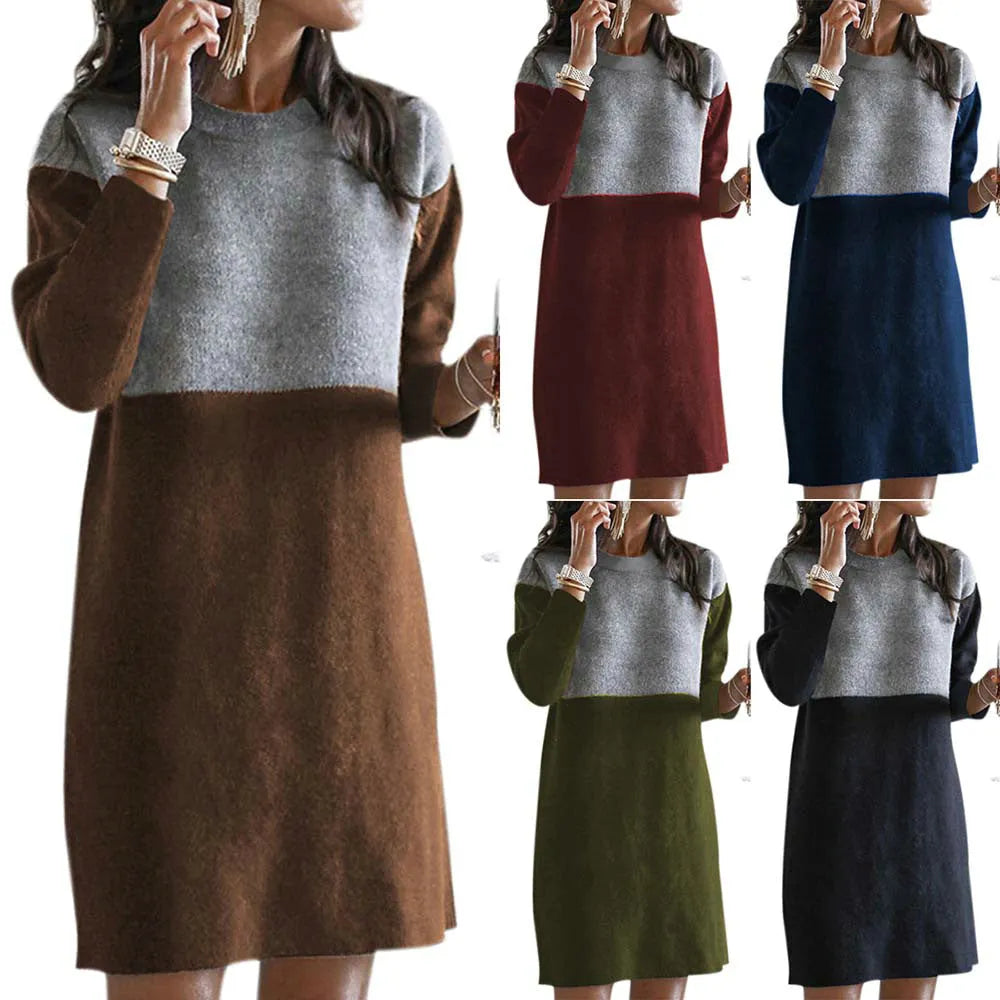 Brown women's sweater dress with patchwork skirt and long sleeves in retro style