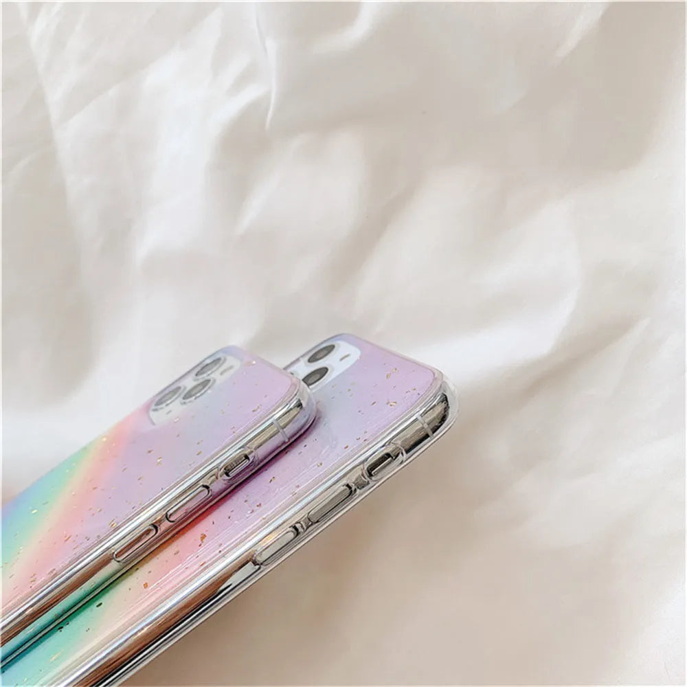 Rainbow gradient TPU iPhone case with colourful stripes on back, showing Japanese and Korean style design