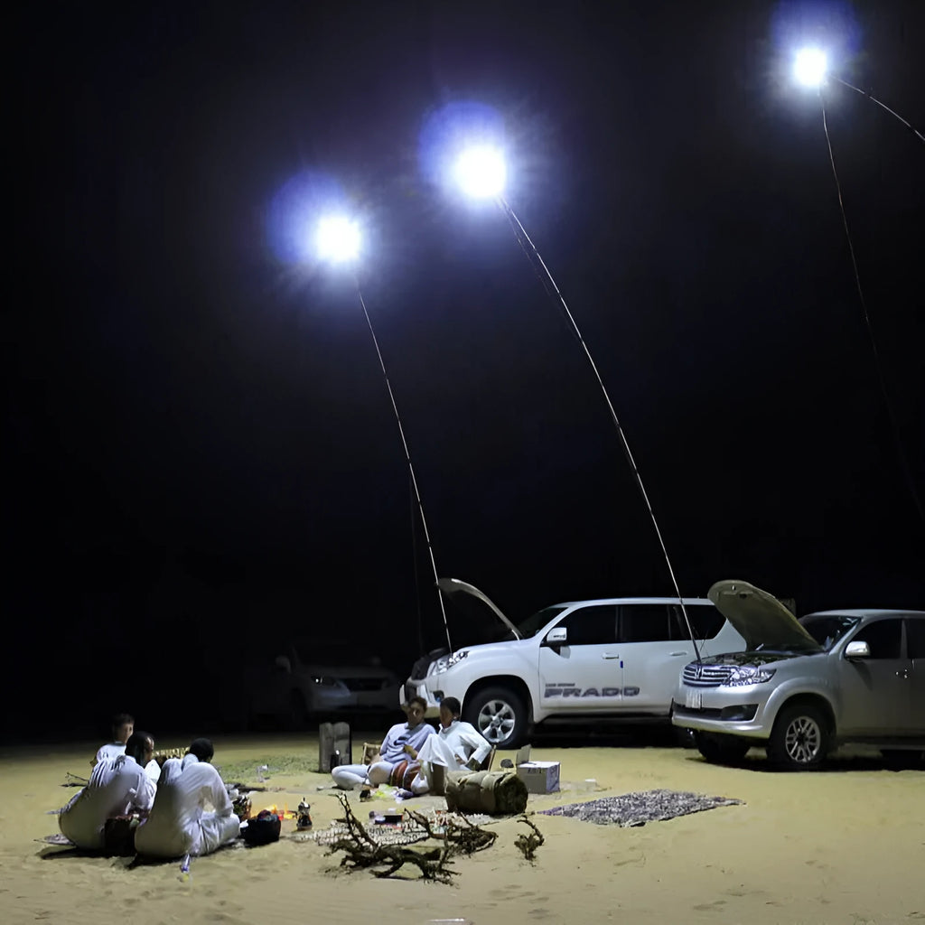 White LED fishing rod light panel on a tall telescopic pole with a remote control.