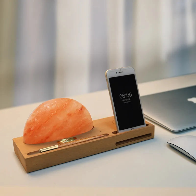 Sunrise Oriental natural crystal salt lamp with beech wood base and integrated wireless phone charging pad